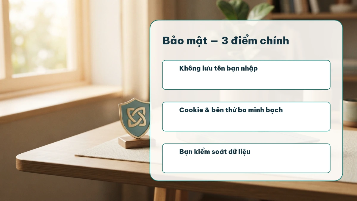 Ba điểm chính về bảo mật kitudacbiet.city: không lưu tên, minh bạch cookie, bạn kiểm soát dữ liệu
